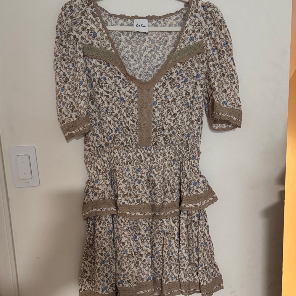 Beige and Blue Floral Tiered Dress